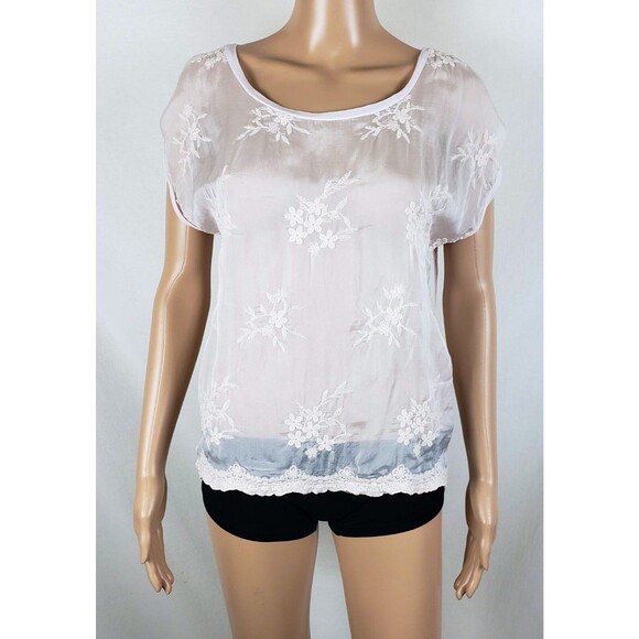 Angela Moda Silky Fairy Top Pale Pink Womens M Embroidered Delicate Split Back - Picture 2 of 8